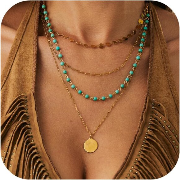 Boho Layered Gold Necklaces for Women with Western Turquoise Pendant Charm - Picture 1 of 7